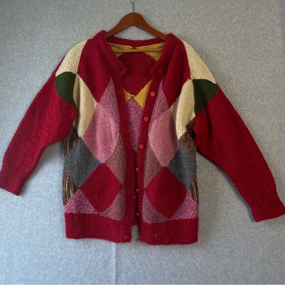 VIntage Hand Knit Patchwork  Cardigan Sweater Mohair Blend sz.L/XL #KK - Picture 1 of 7